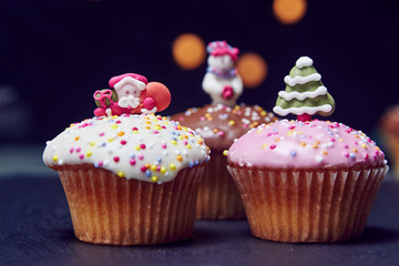 Group of cupcakes with christmas decorations