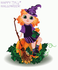 Happy Halloween. Little  witch and pumpkin doll , vector