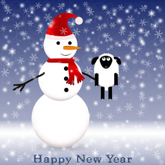 Snowman in a red scarf with a sheep