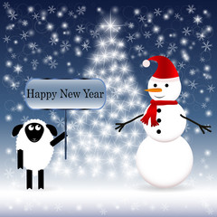 Snowman in a red scarf with a sheep