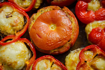 close-up of bell peppers stuffed with rice and vegetables