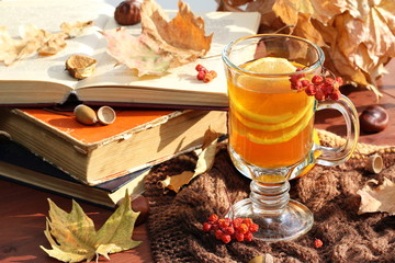 Still life with hot  tea in autumn decoration