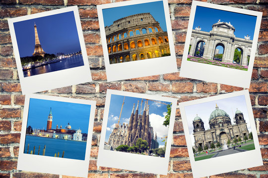 Europe landmarks polaroid photos on brick background