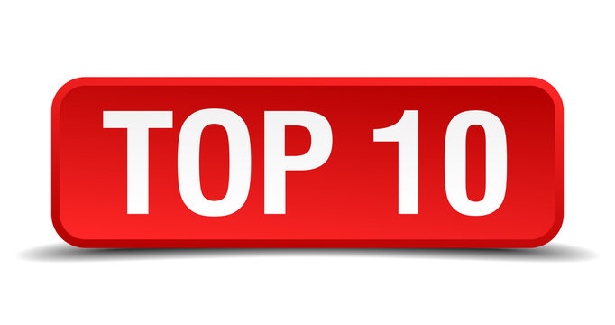 Top 10 red 3d square button isolated on white