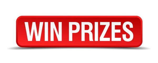 Win prizes red 3d square button isolated on white