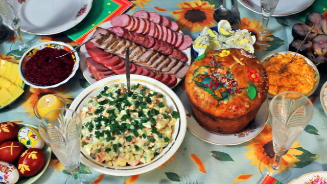 holiday table at Easter in Ukrainian style, panorama right left