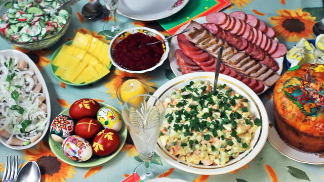 holiday table at Easter in Ukrainian style, panorama left right