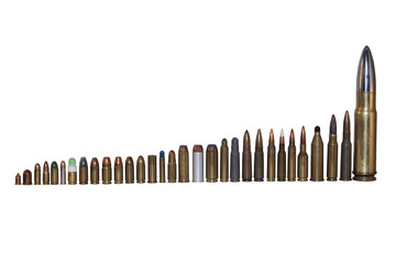 various types and calibers of ammunition, sorted by size