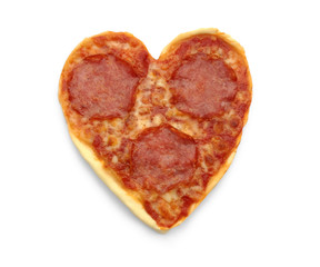 Salami Pizza in heart shape, isolated