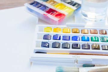 set of watercolor paints with brushes