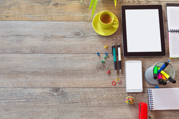 Office desk background with tablet, smart phone and coffee.