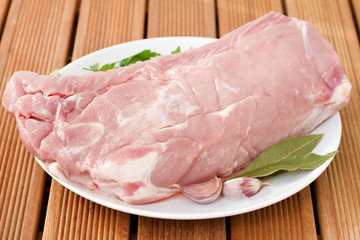 raw pork in white plate