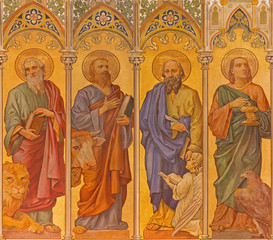 Trnava - The neo-gothic fresco of four  evangelists