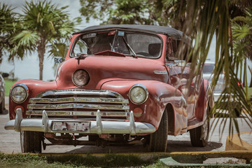 slassic retro, vintage car in Cuban tropical garden