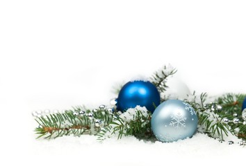 Fototapeta na wymiar Christmas blue and silver balls, selective focus