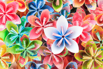 Colourful Kusudama flower pieces. Shallow depth of field.
