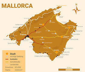 Landkarte: Mallorca | Vector mit Legende Orange - II / IV