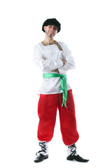 Smiling man dressed as peasant posing at camera