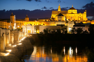 Fototapeta premium Famous Mosque (Mezquita) and Roman Bridge at night, Spain