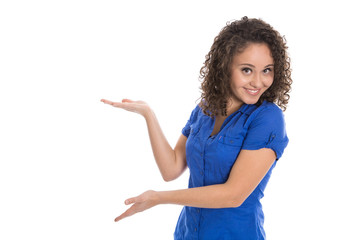 Isolated young girl presenting with hand and palm wearing blue s