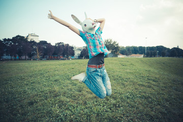 rabbit mask absurd beautiful young hipster woman