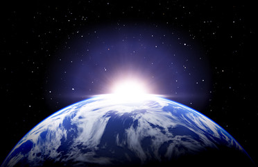 Earth sunrise with clouds and stars