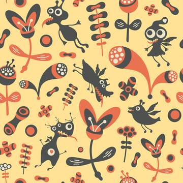 Colorful seamless pattern with happy monsters and flowers.