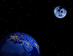 Earth, moon, stars in night sky