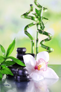 Fototapeta Kamienie spa, gałęzie bambusa i biała orchidea