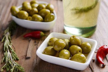 Marinated olives on table close-up