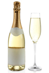 Bottle and glass of champagne, isolated on white