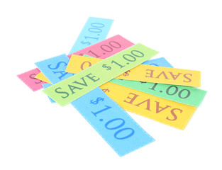 Set of cut coupons for shopping to save money, isolated on