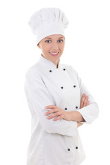 portrait of young woman chef  isolated on white