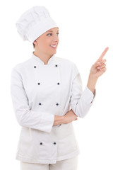 young attractive woman chef showing or presenting something isol