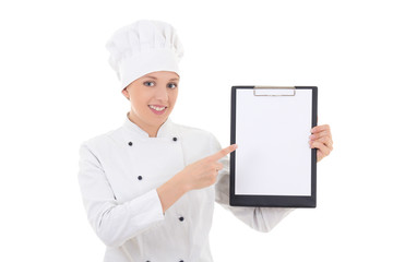 young woman in chef uniform holding clipboard with blank paper i