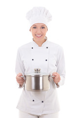 young woman in chef uniform holding saucepan isolated on white