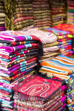 Fabrics on the market in Fes, Morocco