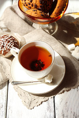 Cup of tea on table, close up