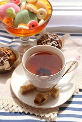 Cup of tea on table, close up