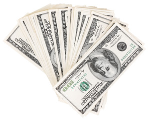 Lot of one hundred dollar bills isolated on white