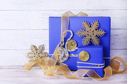 Blue Holiday Gift Boxes And Ribbon