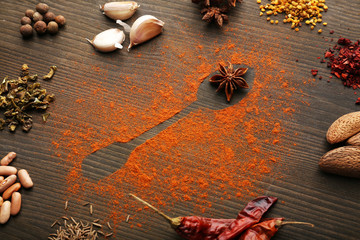 Spices on table with spoon silhouette, close-up