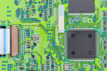 Close up of a printed green computer circuit board