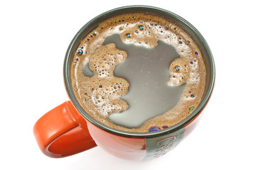Top view of Red cup of Black coffee isolated on white