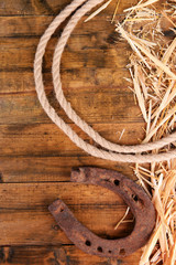 American West still life with old horseshoe and cowboy lasso