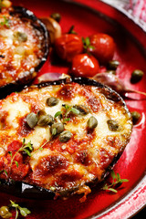 Grilled eggplants with mozzarella, parmesan and tomato