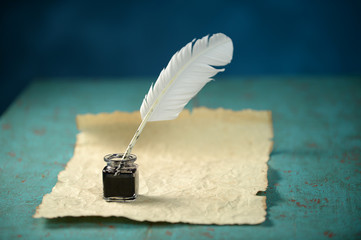 Writing Inkwell, Feather and Paper - obrazy, fototapety, plakaty