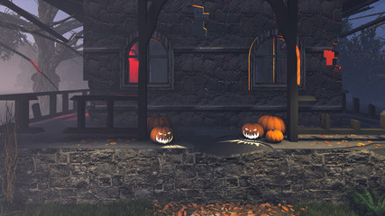 Halloween pumpkins on the porch of the gloomy house 5