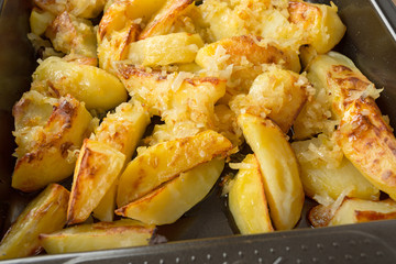 fried potatoes on a baking sheet