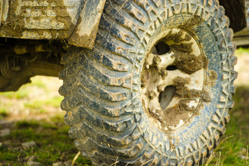 wheel of the car in the mud